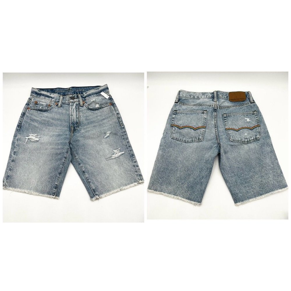 American Eagle Rainbow Embroidered Denim Bermuda Shorts Distressed Unisex Sz 26